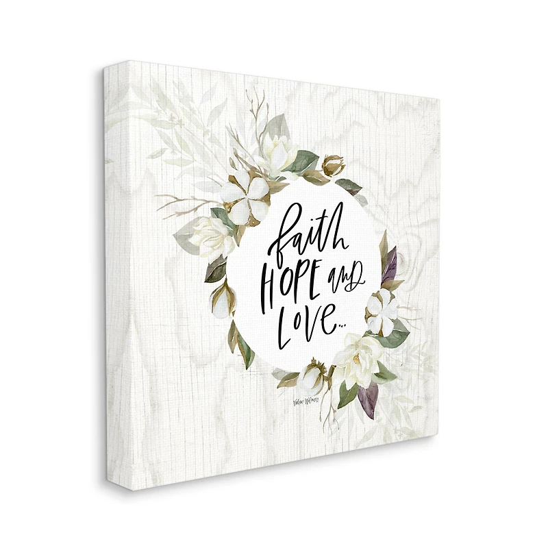 Stupell Industries Faith Hope and Love Sentiment Floral Cotton Wreath Canvas Wall Art