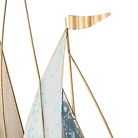 Blue Metal Sail Boat Wall Décor with Gold Wire Accents and Shimmer Details