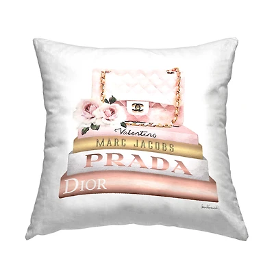 Stupell Industries Pink Purse Gold Fashion Bookstack Glam Fashion Throw Pillow 18" x 18"