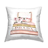 Stupell Industries Pink Purse Gold Fashion Bookstack Glam Fashion Throw Pillow 18" x 18"