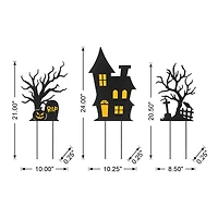 Glitzhome® 2ft. Halloween Metal Silhouette Haunted House and Ghost Tree Yard Stake Set
