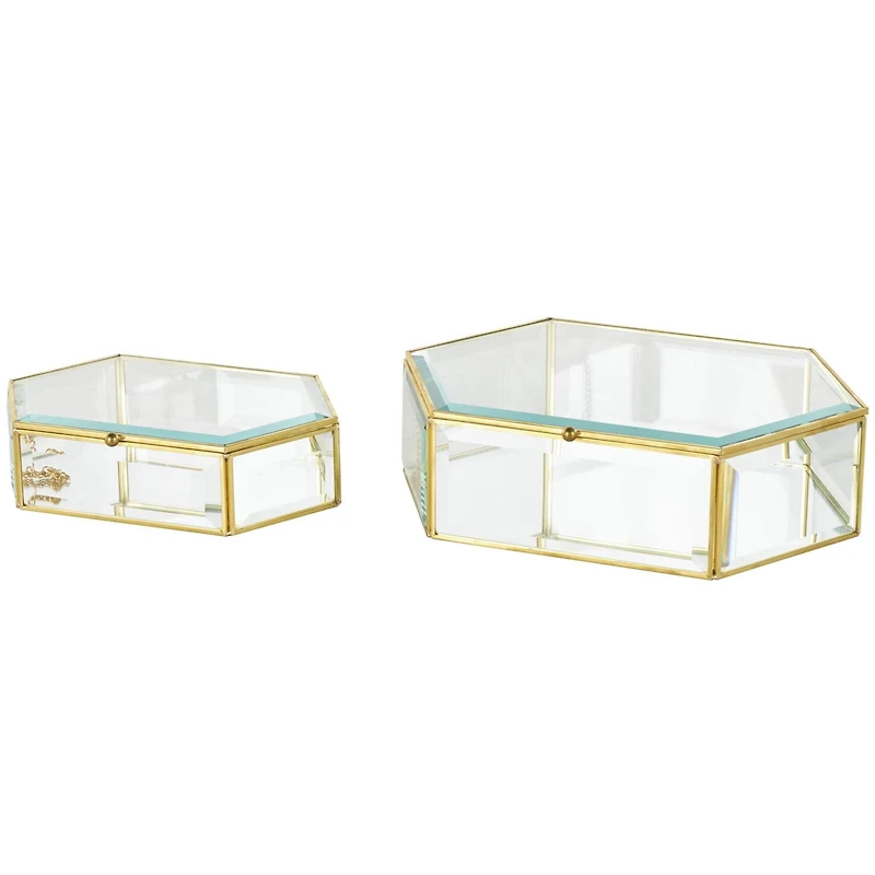 Clear & Gold Beveled Glass & Metal Wide Hexagon Jewelry Box with Chain Accent Set