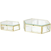 Clear & Gold Beveled Glass & Metal Wide Hexagon Jewelry Box with Chain Accent Set