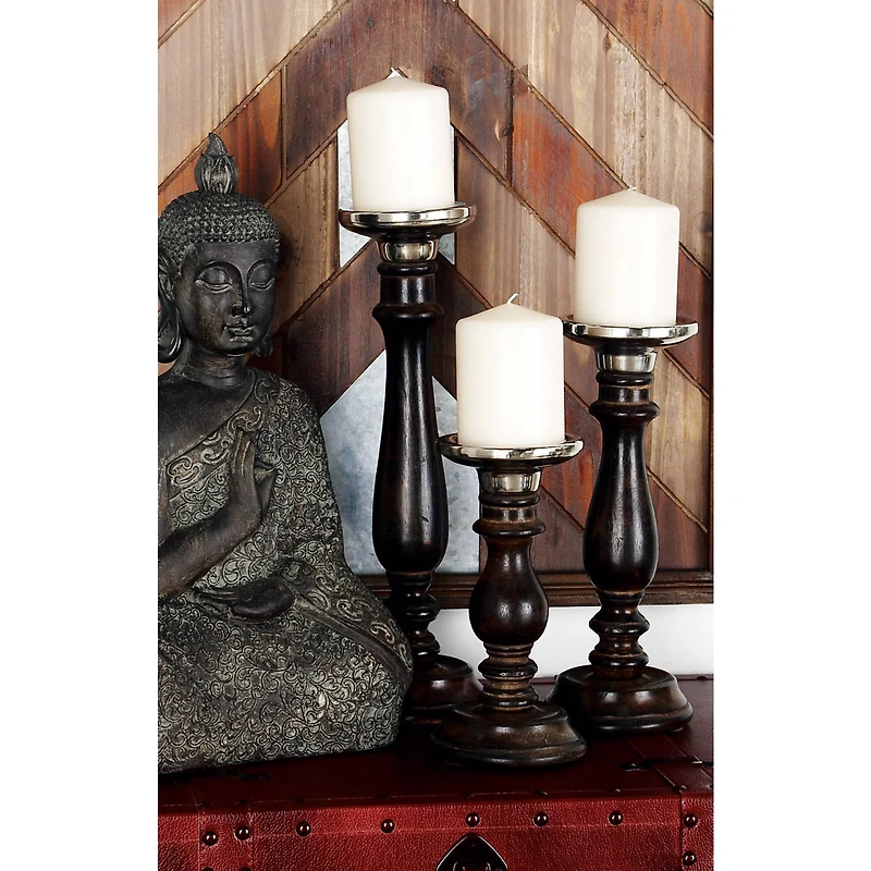 Dark Brown Mango Wood Traditional Candle Holder Set