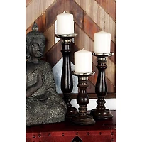 Dark Brown Mango Wood Traditional Candle Holder Set