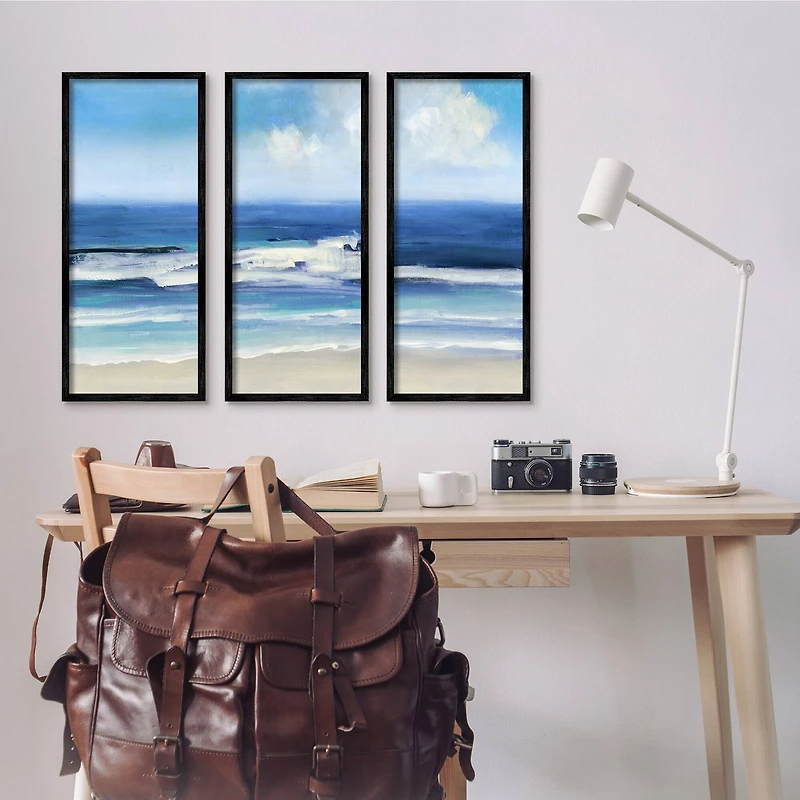 Stupell Industries Blue Beach Coast Triptych Incoming Summer Tide Waves Framed Wall Art