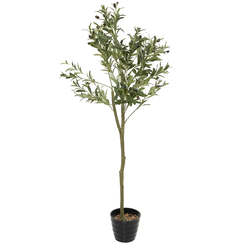 59" Green Plastic Olive Artificial Tree With Black Melamine Pot