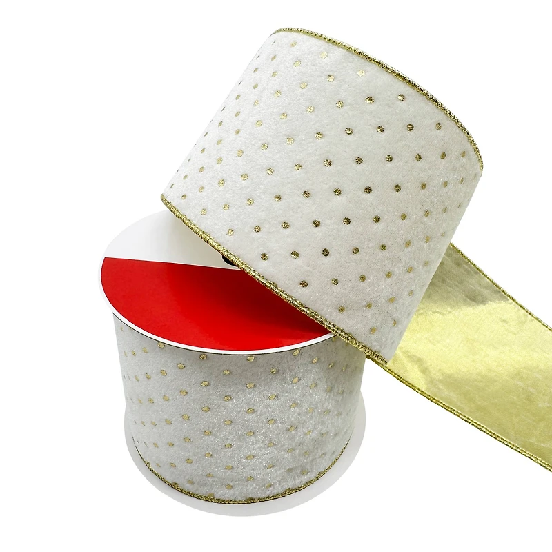 2.5" x 15ft. Cream & Gold Dots Wired Velvet Ribbon by Celebrate It®
