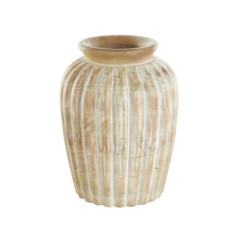 11" Light Brown Mango Wood Distressed Vase with Carved Ridges