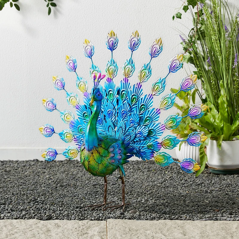 Glitzhome® 28.75" Metal Tail Spread Peacock Garden Statue with Stakes