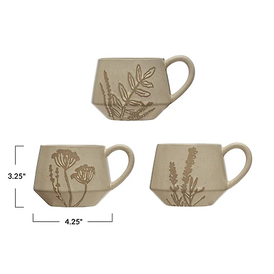 Hello Honey® Matte White Wax Relief Botanical Image Reactive Glaze Stoneware Mug Set