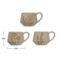 Hello Honey® Matte White Wax Relief Botanical Image Reactive Glaze Stoneware Mug Set