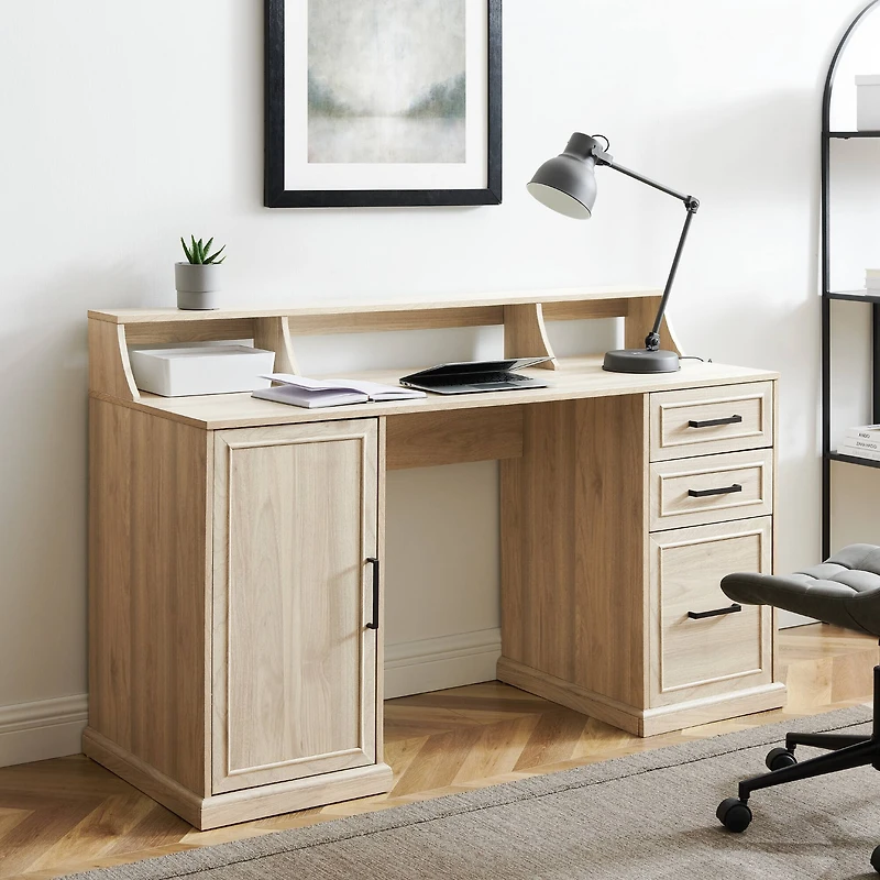 Walker Edison 58" Birch 3 Drawer Computer Desk with Hutch