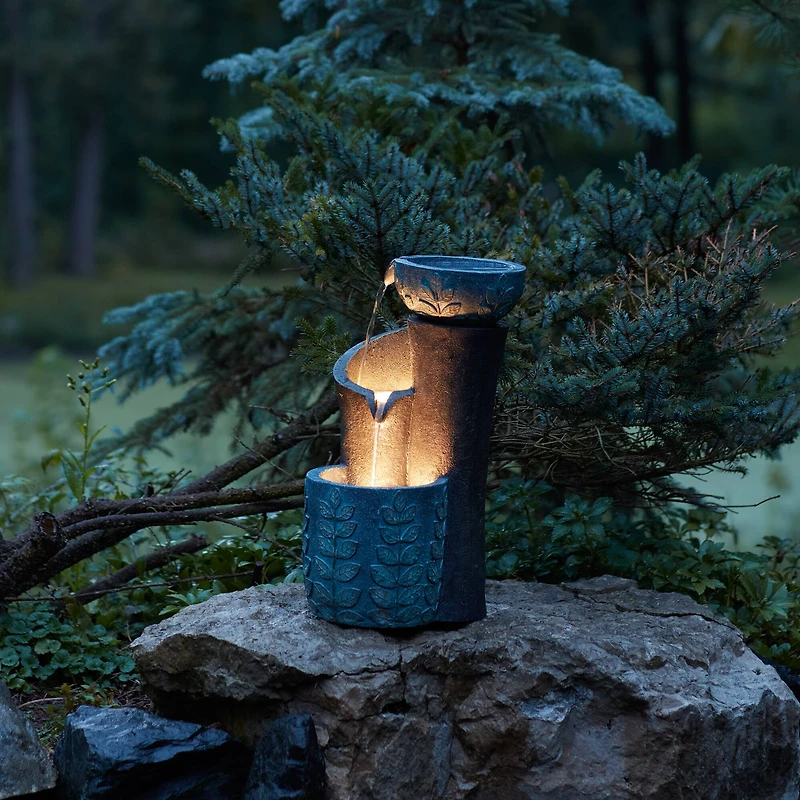 19.5" Blue Gray Cascading Leaf Bowl Fountain