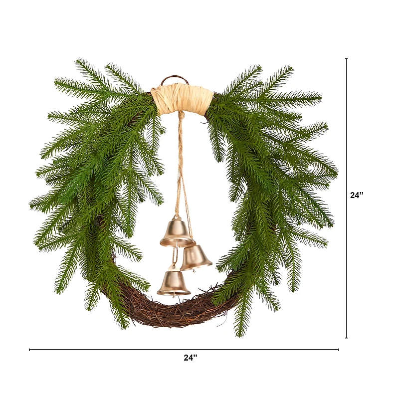 24" Holiday Christmas Pine And Hanging Bells Wreath