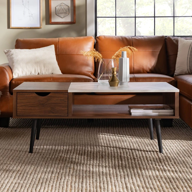 Dark Walnut Mid Century Modern Faux Marble Coffee Table