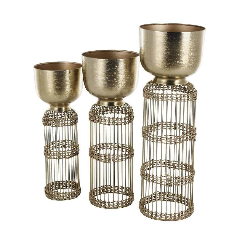 Gold Metal Textured Rounded Dome Planter & Pedestal Base Set