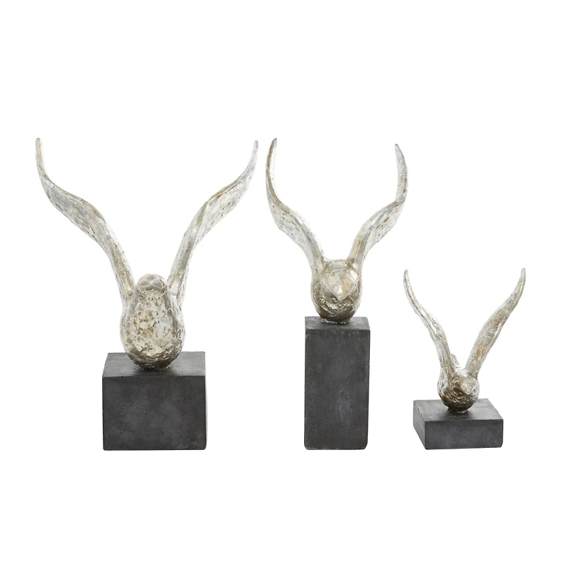 Set of 3 Silver Polystone Contemporary Sculpture, 14", 9", 14"