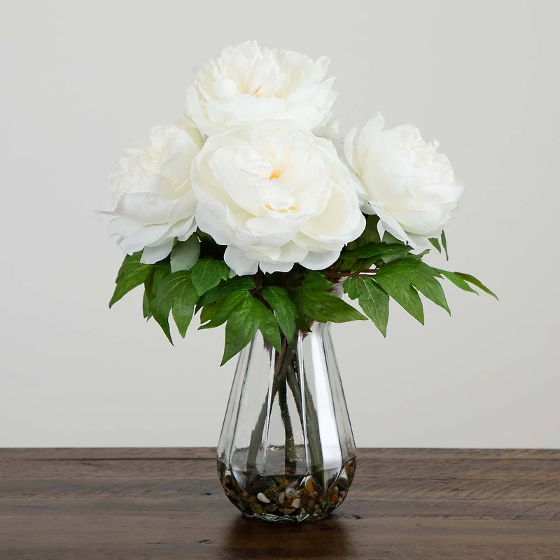 16" White Peony Arrangement in Glass Vase