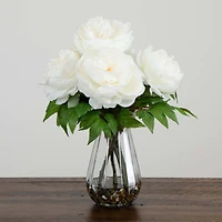 16" White Peony Arrangement in Glass Vase
