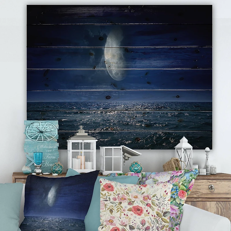 Designart - Full Moon Over Dark Ocean At Night