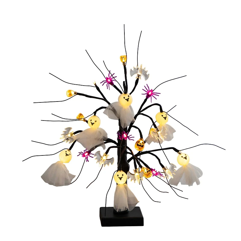 18in. Pre-Lit Artificial Halloween Ghost Dolls, Spiders, Bats & Pumpkins 24 LED Lighted Ornament Tree