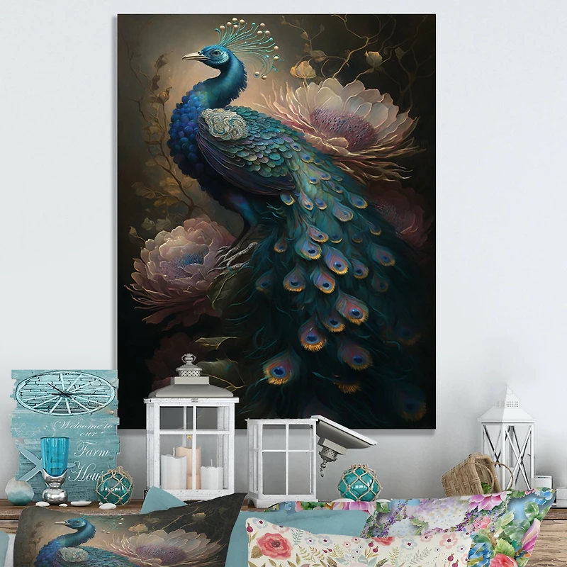 Designart 'Peacock With Flowers' Animals Canvas Wall Art