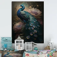 Designart 'Peacock With Flowers' Animals Canvas Wall Art