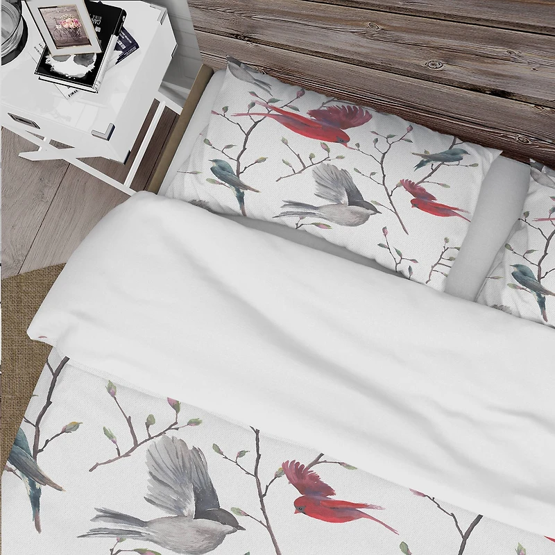 Designart 'Pattern with Birds' Farmhouse Bedding Set