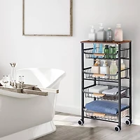 Black 5-Tier Metal Wire Basket Shelf Kitchen Storage Rolling Cart