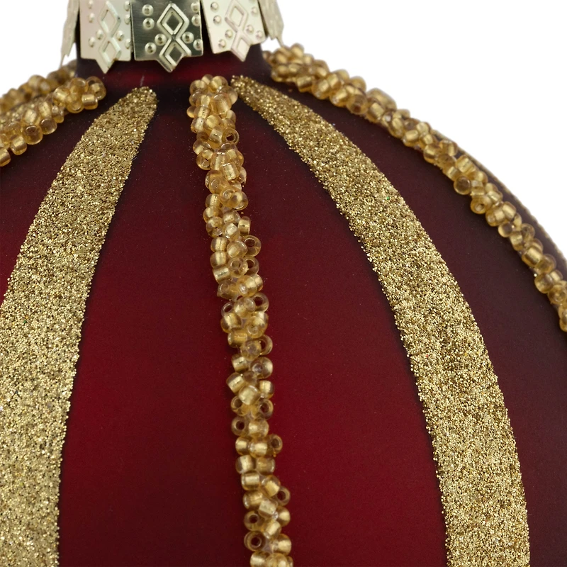 2ct. 4" Burgundy and Gold Striped Beaded Christmas Glass Ball Ornaments