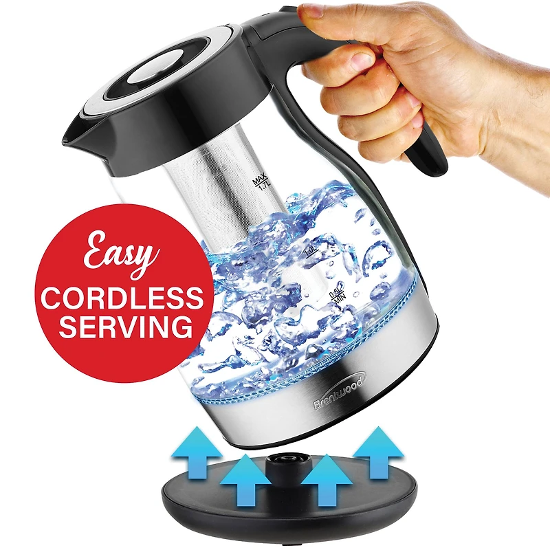 Brentwood 1.79qt. Black Cordless Glass Electric Kettle with Tea Infuser and Swivel Base