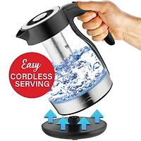 Brentwood 1.79qt. Black Cordless Glass Electric Kettle with Tea Infuser and Swivel Base