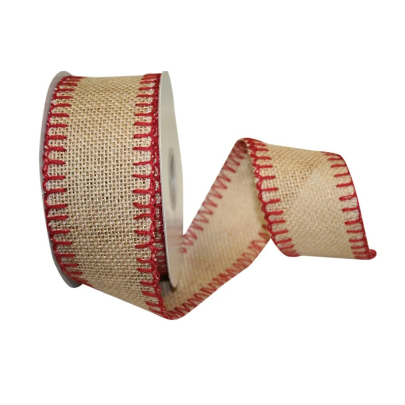 JAM Paper 2.5" x 10yd. Natural & Red Stitched Burlap Wired Ribbon