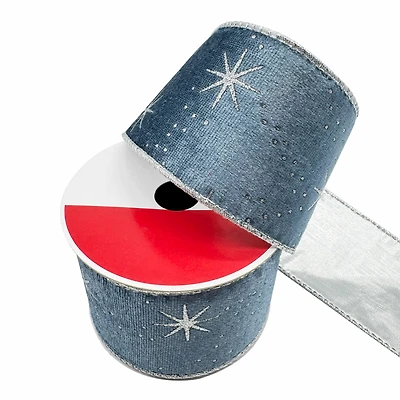 2.5" x 20ft. Silver Starburst on Blue Wired Velvet Ribbon by Celebrate It®