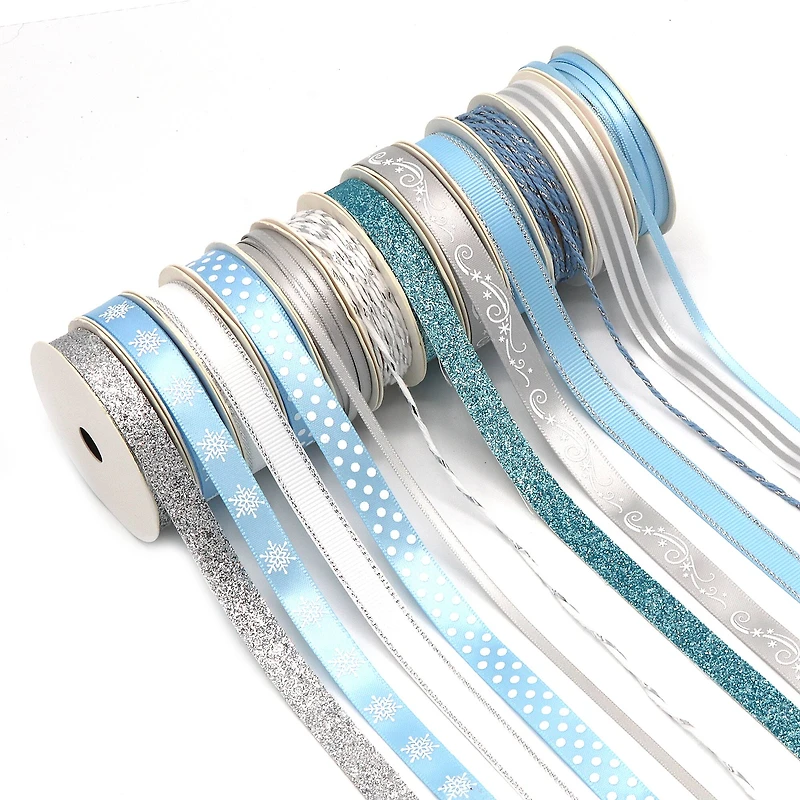 Gwen Studios 3/8" x 2yd. Silver & Blue Holiday Ribbon Pack, 24ct.