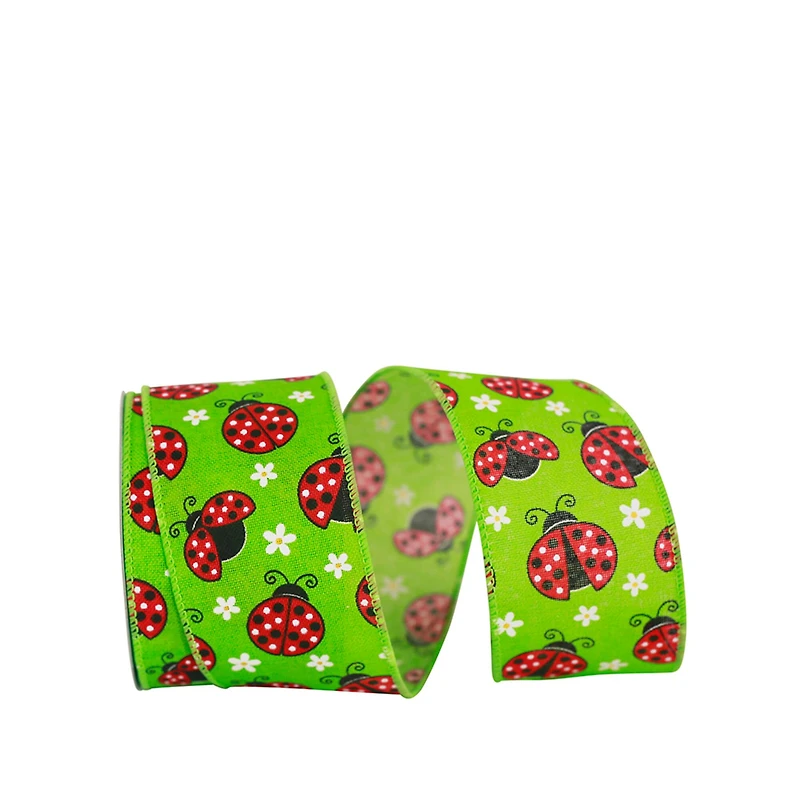 JAM Paper 2.5" x 10yd. Faux Linen Wired Apple Green Ladybug Ribbon