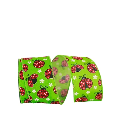 JAM Paper 2.5" x 10yd. Faux Linen Wired Apple Green Ladybug Ribbon