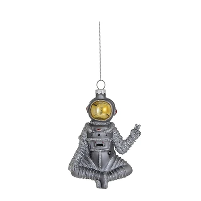 Hello Honey® 4.75" Silver & Gold Finish Glass Sitting Astronaut Ornament with Peace Sign & Glitter Design