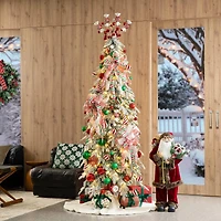 7.5ft. Pre-Lit Flocked Pencil Spruce Christmas Tree Kit with Ornaments, Tree Skirt & Santa Figurine