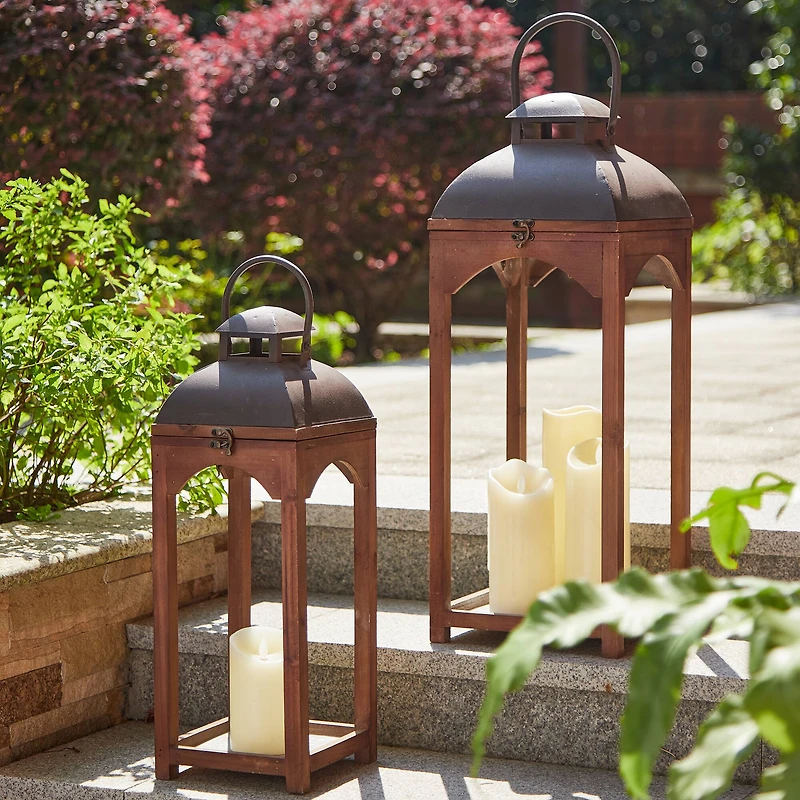 Farmhouse Brown Candle Lantern Set, 24.5" & 20"