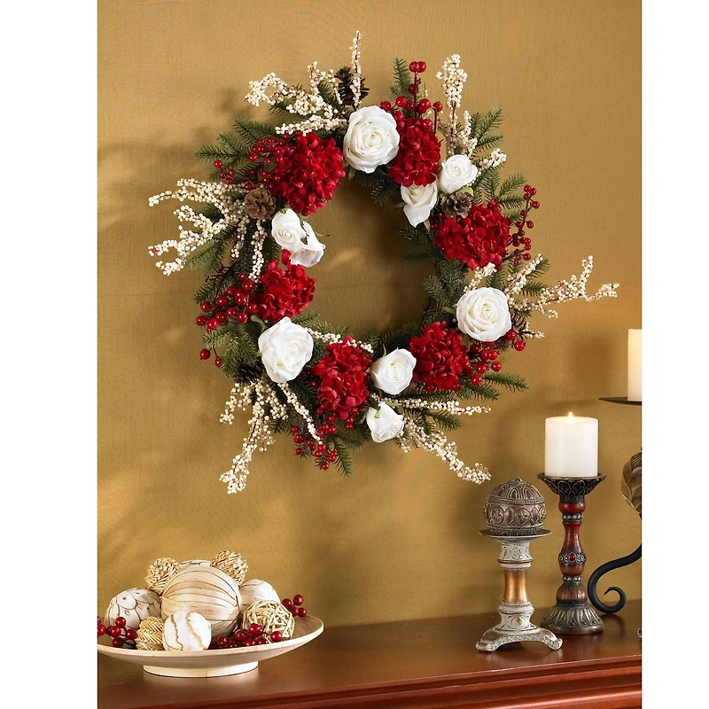 24" Red Hydrangea with White Roses Wreath