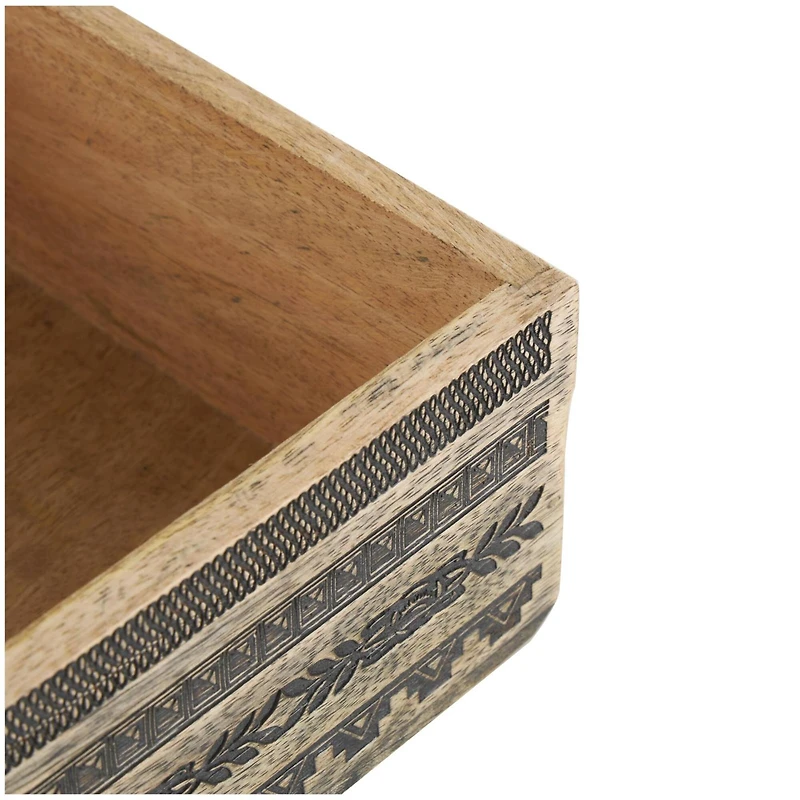 Brown Handmade Storage Box Set with Black Tribal Carvings & Gold Accents