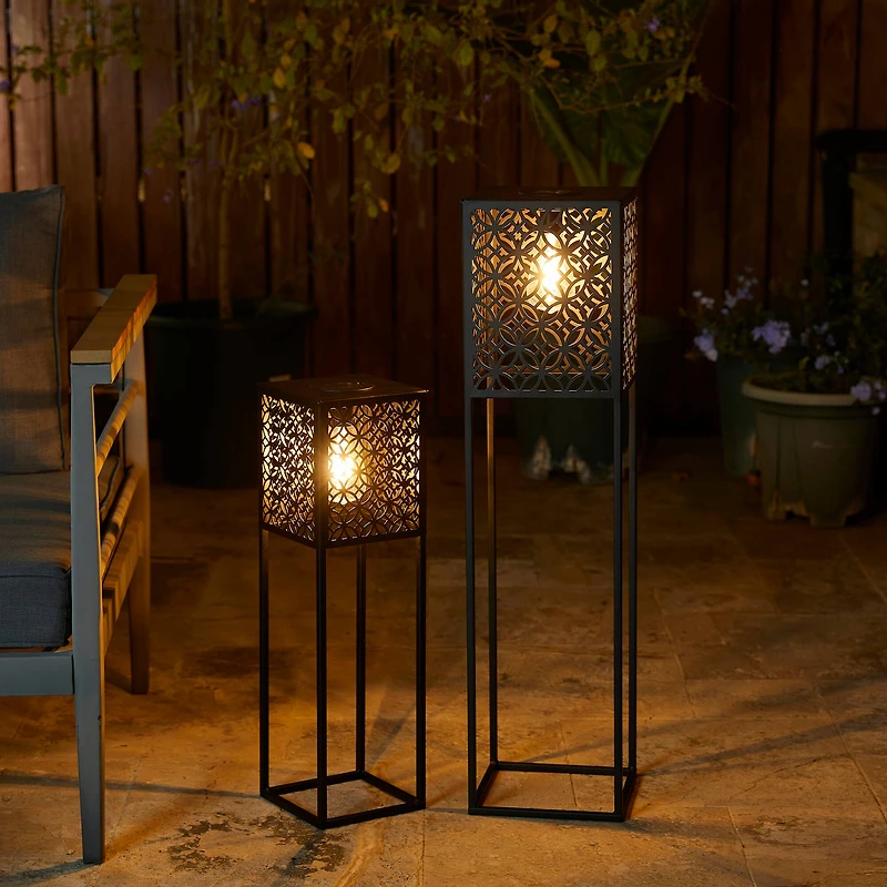 Glitzhome® Black Metal Cutout Pattern Solar Powered Outdoor Floor Lanterns Set