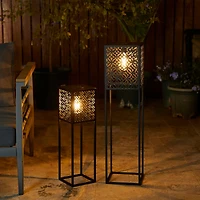 Glitzhome® Black Metal Cutout Pattern Solar Powered Outdoor Floor Lanterns Set