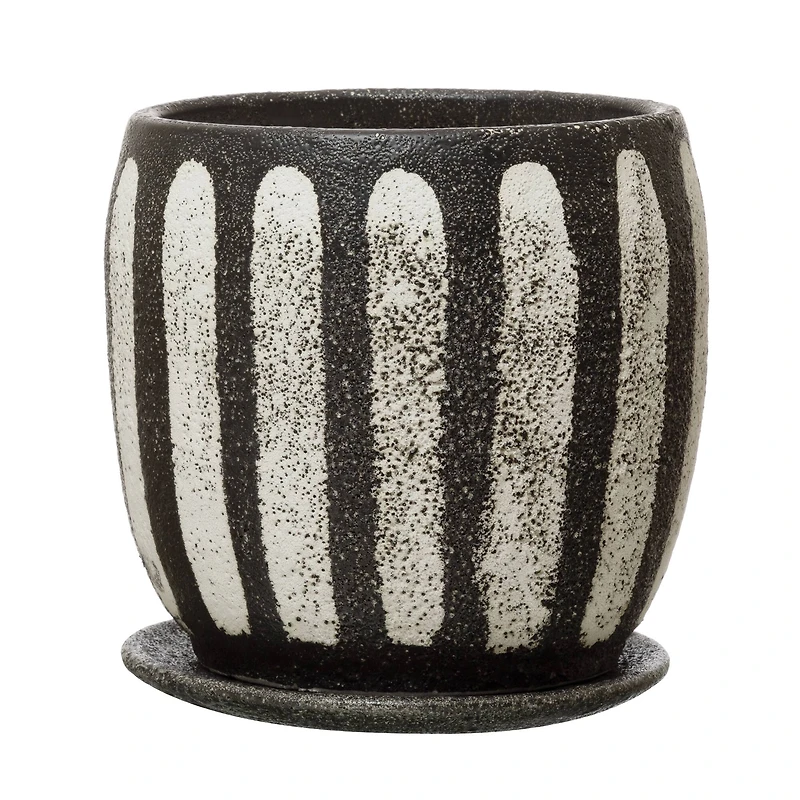 Hello Honey® 7.5" Black & White Hand-Painted Terra Cotta Planter with Saucer Set