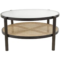 34" Brown Rattan Coffee Table with Pressed Tempered Glass Top