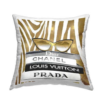 Stupell Industries Fashion Sun Glasses Designer Books Gold Zebra Pattern Throw Pillow 18" x 18"