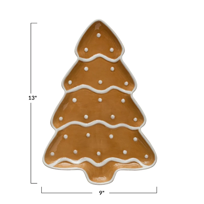 Hello Honey® 13" Brown & White Hand-Painted Ceramic Gingerbread Tree Shaped Platter