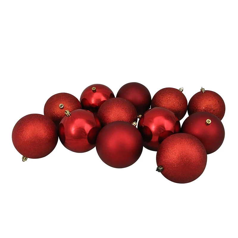 12ct. 4" Red Shatterproof 4-Finish Christmas Ball Ornaments
